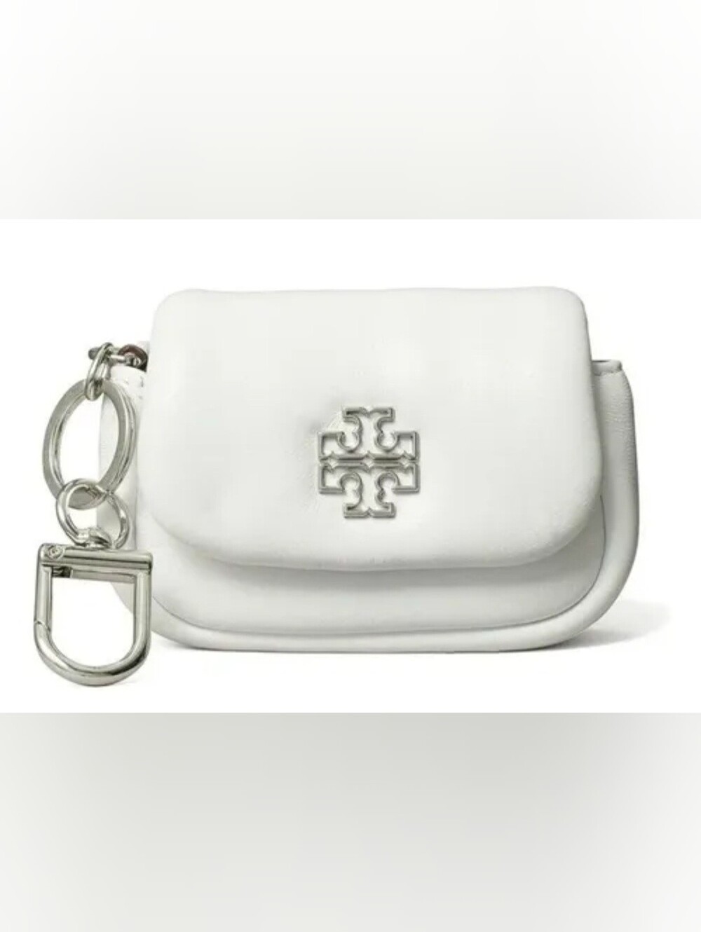Tory Burch White Leather Mini Key Pouch with Logo Hardware